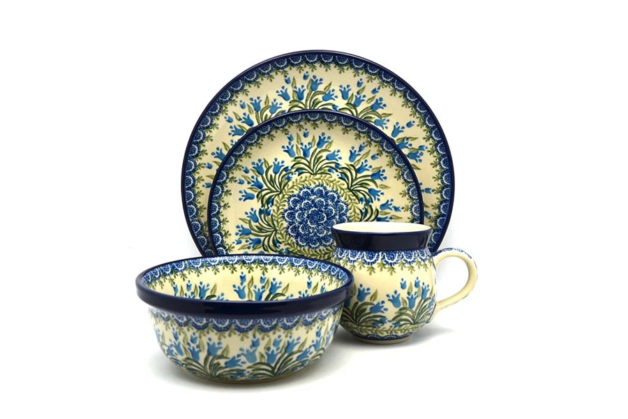 Polish Pottery 4-pc. Place Setting With Standard Bowl - Blue Bells 3 Polish Pottery 4-pc. Place Setting With Standard Bowl - Blue Bells