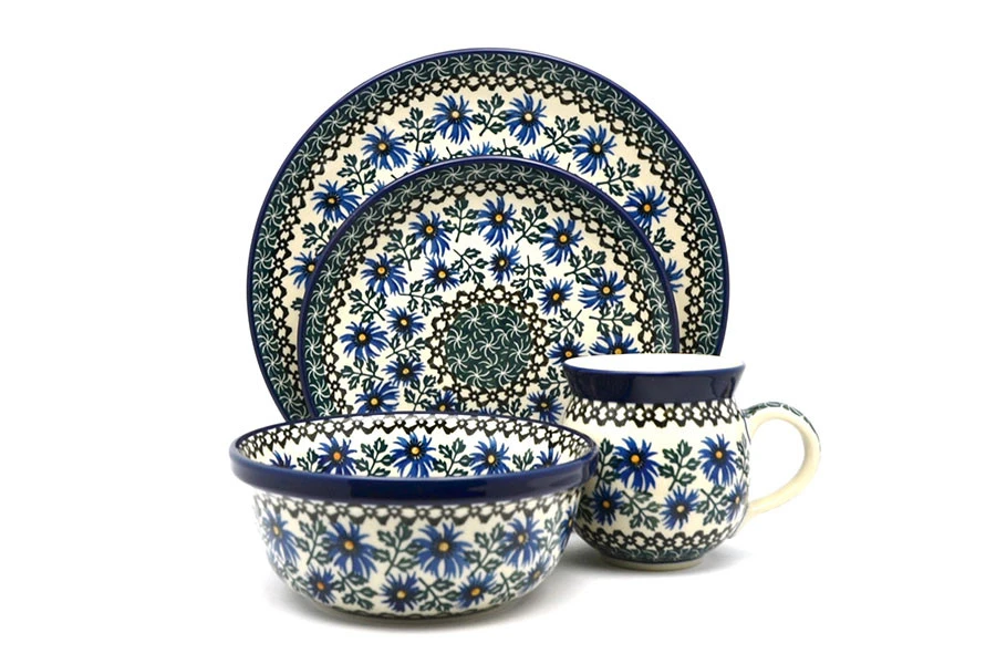 Polish Pottery 4-pc. Place Setting With Standard Bowl - Blue Chicory
