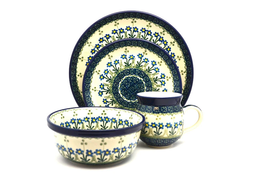 Polish Pottery 4-pc. Place Setting With Standard Bowl - Blue Spring Daisy 3 Polish Pottery 4-pc. Place Setting With Standard Bowl - Blue Spring Daisy