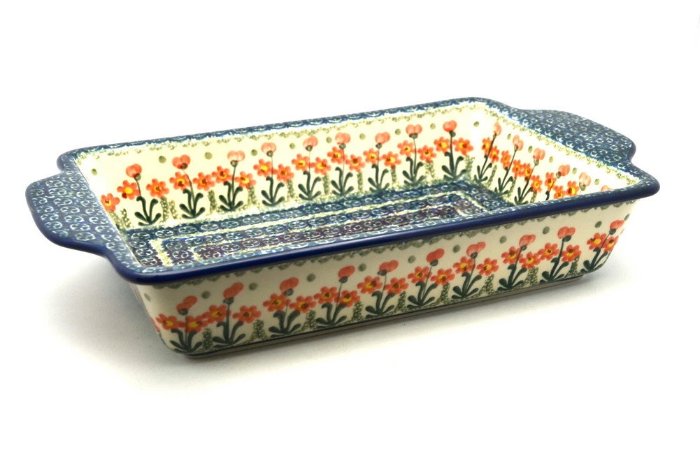 Polish Pottery Baker - Rectangular With Tab Handles - 7 Cups - Peach Spring Daisy