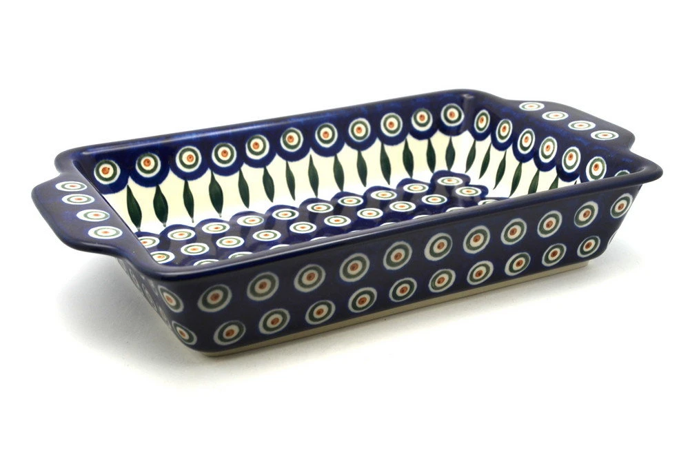 Polish Pottery Baker - Rectangular With Tab Handles - 7 Cups - Peacock