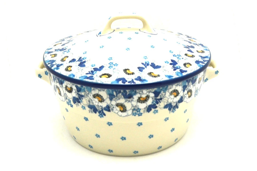 Polish Pottery Baker - Round Covered Casserole - White Poppy 3 Polish Pottery Baker - Round Covered Casserole - White Poppy