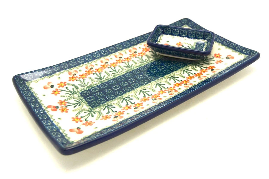 Polish Pottery Bread Dipping Set - Peach Spring Daisy