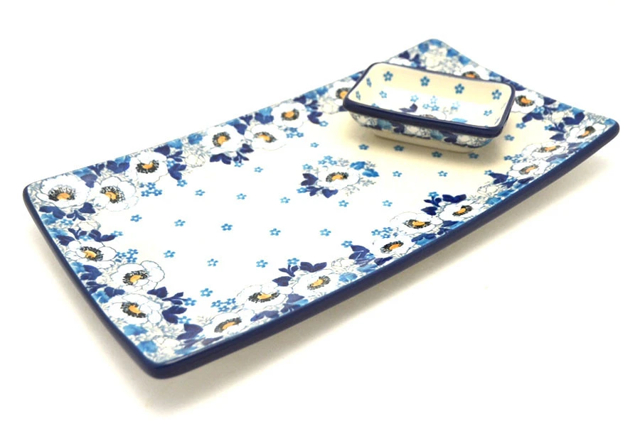 Polish Pottery Bread Dipping Set - White Poppy