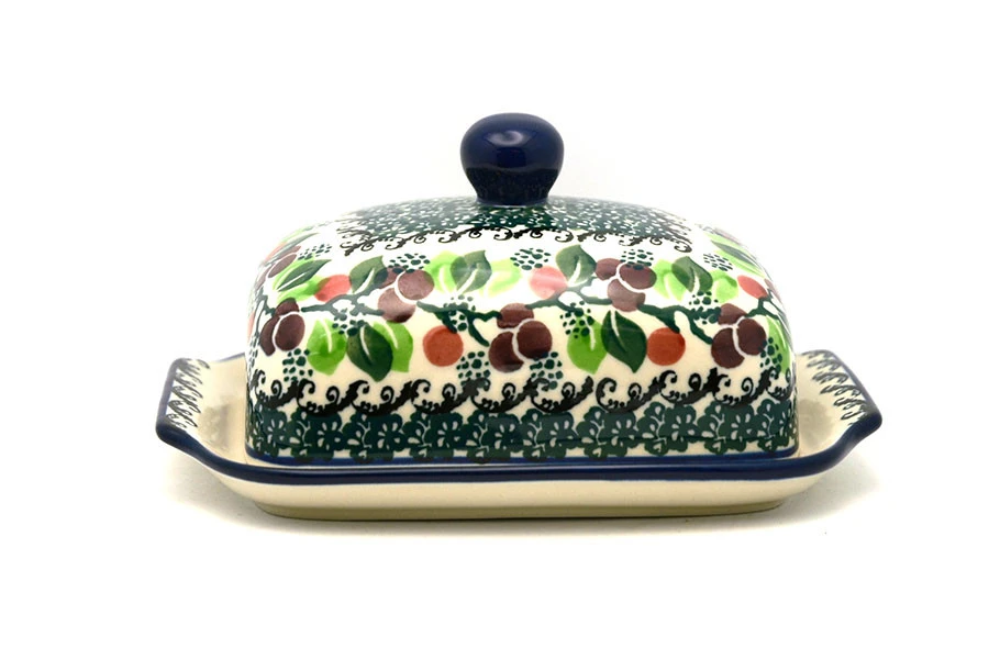 Polish Pottery Butter Dish - Burgundy Berry Green