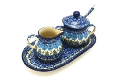 Polish Pottery Cream & Sugar Set With Sugar Spoon - Antique Rose