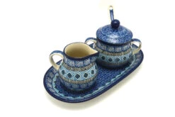 Polish Pottery Cream & Sugar Set With Sugar Spoon - Aztec Sky