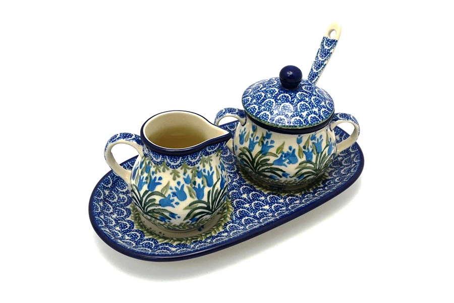 Polish Pottery Cream & Sugar Set With Sugar Spoon - Blue Bells