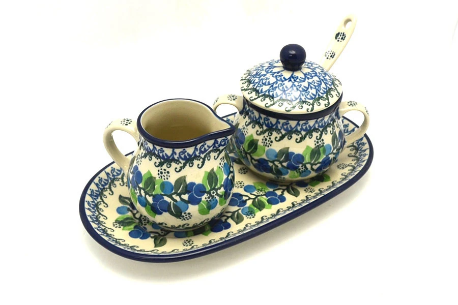 Polish Pottery Cream & Sugar Set With Sugar Spoon - Blue Berries 3 Polish Pottery Cream & Sugar Set With Sugar Spoon - Blue Berries