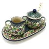 Polish Pottery Cream & Sugar Set With Sugar Spoon - Burgundy Berry Green -Tableware Promotional Store ceramika artystyczna polish pottery cream sugar set with sugar spoon burgundy berry green s42 1415a p5847