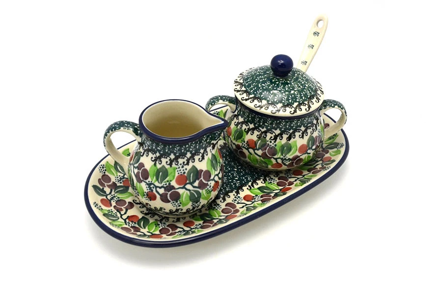 Polish Pottery Cream & Sugar Set With Sugar Spoon - Burgundy Berry Green 3 Polish Pottery Cream & Sugar Set With Sugar Spoon - Burgundy Berry Green