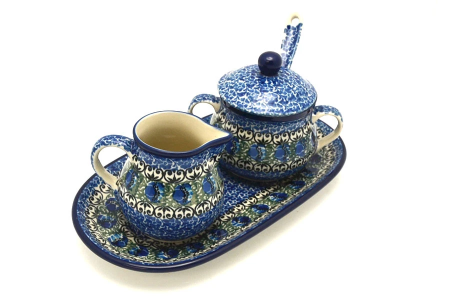 Polish Pottery Cream & Sugar Set With Sugar Spoon - Peacock Feather 3 Polish Pottery Cream & Sugar Set With Sugar Spoon - Peacock Feather