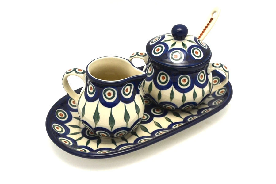 Polish Pottery Cream & Sugar Set With Sugar Spoon - Peacock