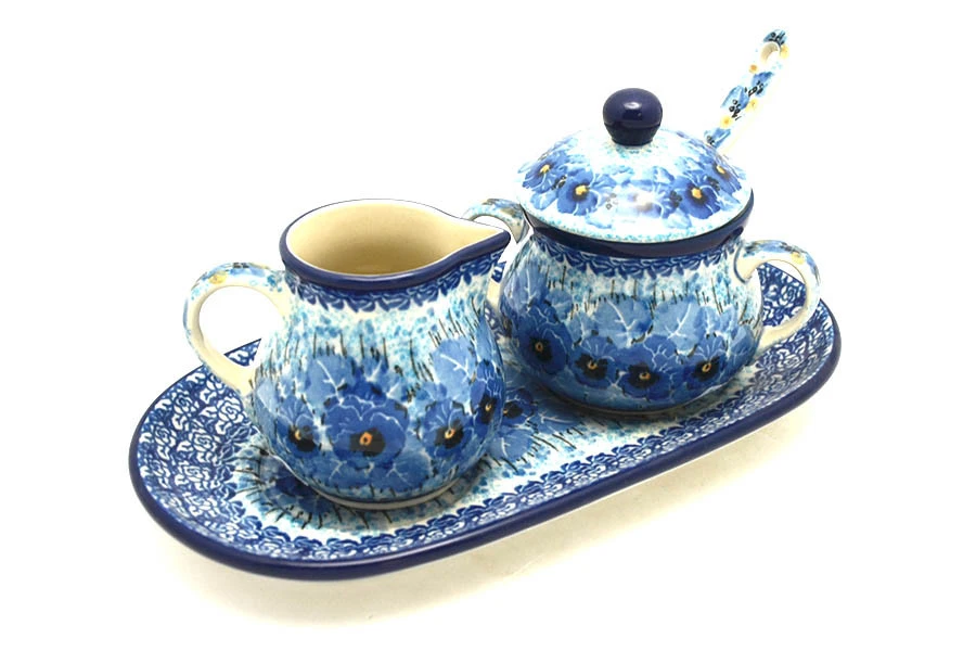 Polish Pottery Cream & Sugar Set With Sugar Spoon - Unikat Signature - U3639 3 Polish Pottery Cream & Sugar Set With Sugar Spoon - Unikat Signature - U3639