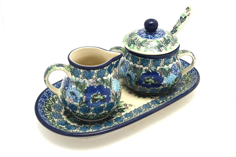 Polish Pottery Cream & Sugar Set With Sugar Spoon - Unikat Signature - U4520