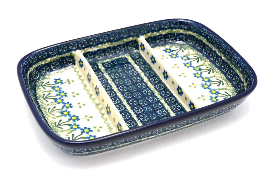 Polish Pottery Dish - Divided Rectangular - Blue Spring Daisy