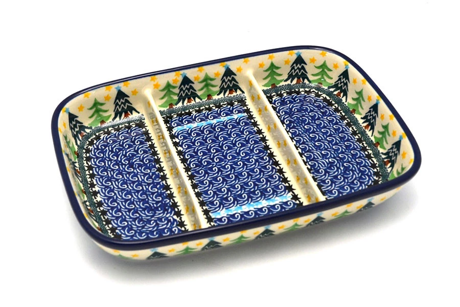 Polish Pottery Dish - Divided Rectangular - Christmas Trees 3 Polish Pottery Dish - Divided Rectangular - Christmas Trees