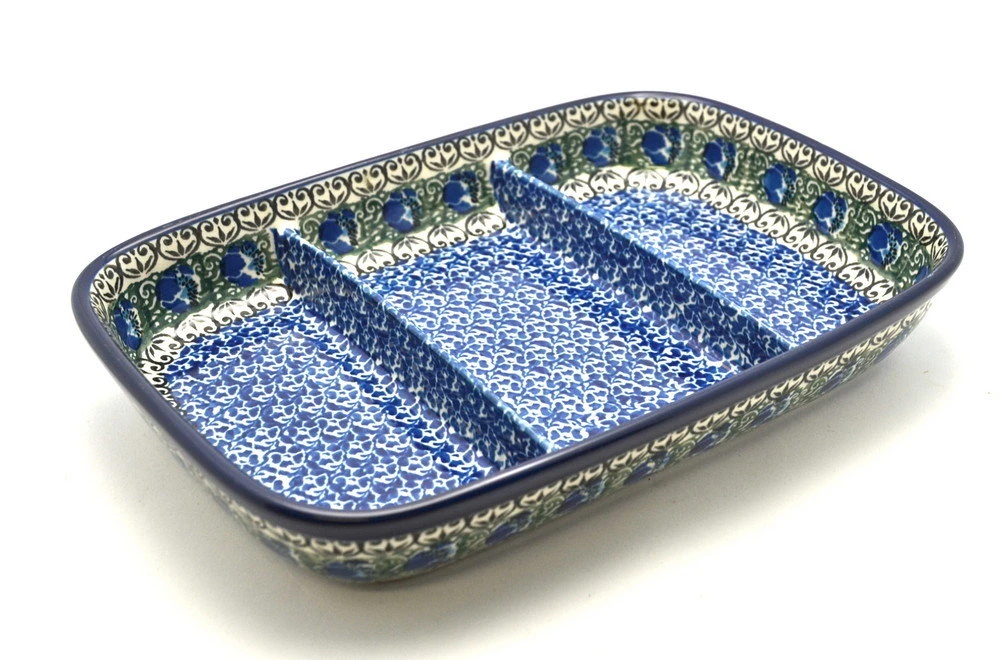 Polish Pottery Dish - Divided Rectangular - Peacock Feather 3 Polish Pottery Dish - Divided Rectangular - Peacock Feather