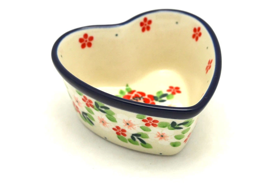 Polish Pottery Ramekin - Heart - Ruby Bouquet