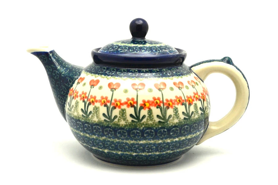 Polish Pottery Teapot - 1 1/4 Qt. - Peach Spring Daisy